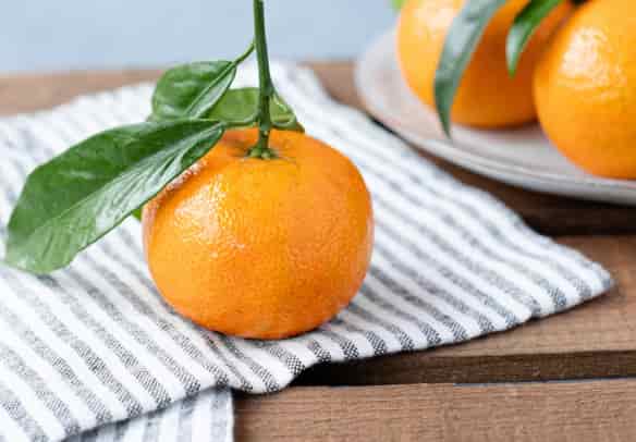Orange with a Stem on a Stripy Tea Towel — Wholesale Food in Coffs Harbour, NSW